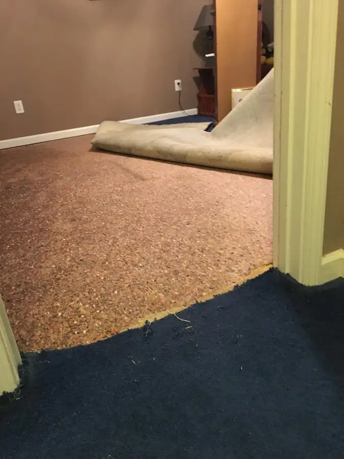 Carpet pad removal revealing water damage during Drying & Dehumidification in Crestwood